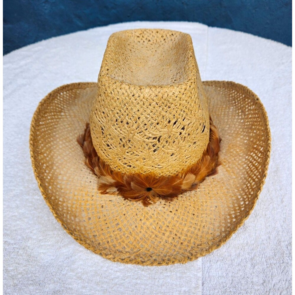 Vintage American Hat Co Straw Cowboy Hat 7 3/8 Feather Band Western Houston